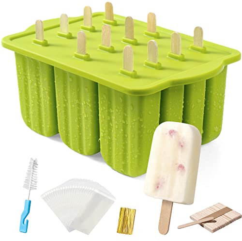 Eisformen Silikon,MEETRUE 12 Eis am Stiel Formen Silikon Eisformen Eis am Stiel Popsicle Formen Leicht zu lösende BPA-Freie Eis-Pop-Hersteller für Kinder und Erwachsene Eis Formen für Stieleis,Grün