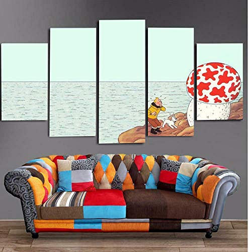 Leinwandbild 5 Teile Bilder Filmanimation Die Abenteuer von Tim und Struppi 5 teilige Wandbilder Wandbilder Kunstdruck 150X80cm Mit Rahmen Vlies Leinwanddrucke Leinwandbilder Cadeau d'Halloween