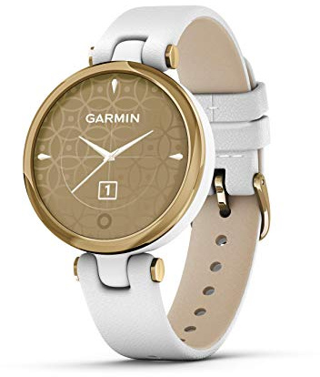 Garmin Lily™, Small Smartwatch with Touchscreen and Patterned Lens, Light Gold with White Leather Band
