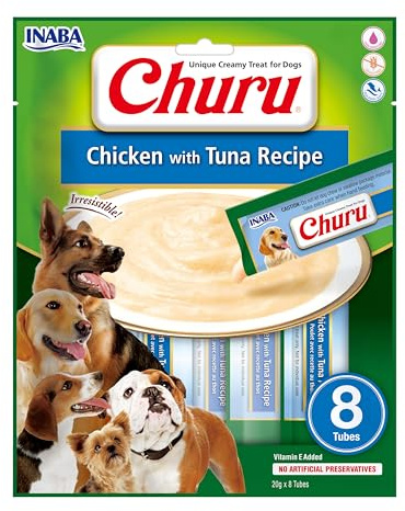 INABA Churu Hundeleckerli Creamy Snack, Getreidefrei, Zuckerfrei, Kalorienarm, 100% natürliches Fleisch mit Huhn & Thunfisch, Keine Nebenerzeugnisse 160 g (1er Pack)