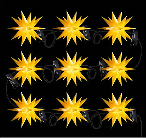 Novaliv Weihnachtsstern Dekostern | 12cm Sterne 13m Länge | 9er Sternenkette GELB | Innen und Aussen | LED mit Schuko Stecker | Weihnachtsdeko Stern beleuchtet