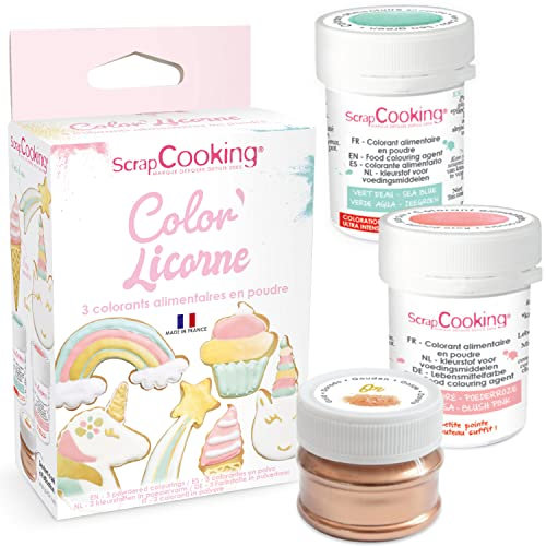 SCRAP COOKING - 3 Colorants Artificiels en Poudre Color’ Licorne - Vert d’Eau, Rose Poudré & Doré - Colorants Alimentaires Pastel Pâtisserie Comestibles - Gâteaux, Biscuits - 4068