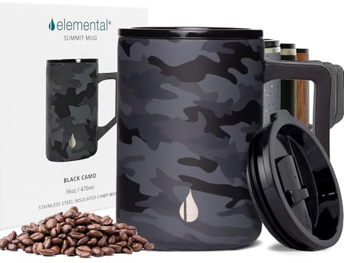 Elemental Summit Coffee Mug - Coffee Cup Travel Mug - Thermal Cup with Handle & Lid - Lightweight Vacuum Insulated Coffee Cup - Hot & Cold Triple Wall Stainless Steel Travel Mugs - Black Camo - 470 ml