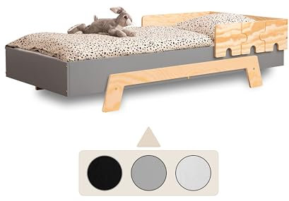 SMARTWOOD Kinderbett mit Lattenrost und Rausfallschutz Puzzle BR1 Montessori einzelbett für Jungen und Mädchen - Bett aus Kiefer Sperrholz mit Rausfallschutz und Lattenrost - Grau - 70x140 cm