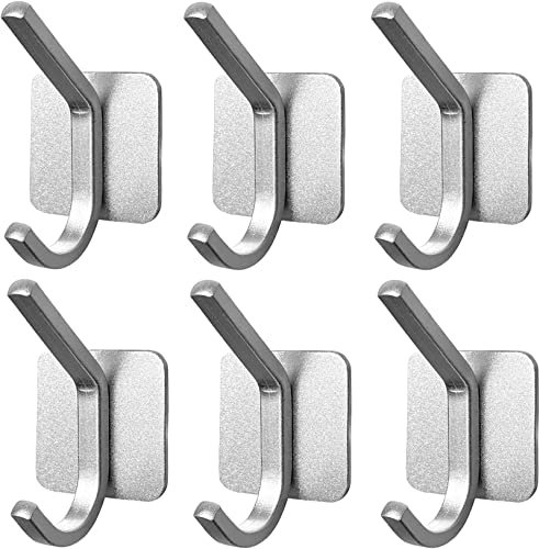 QNIIAED Self Adhesive Hooks,6 Pcs Strong Metal Double Sticky Hook On Wall Door Closet Bathroom Kitchen Bedrooms for Tea Towel Coat Hat(Silver)