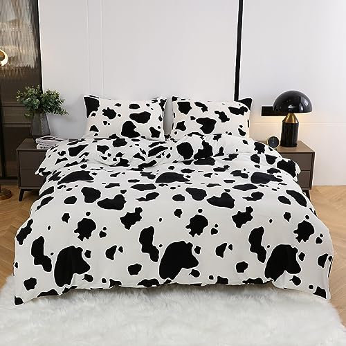 YASMENG Winter Plüsch Bettwäsche 200x220cm Schwarz Weiß Kuhmuster Bettbezug Set Flauschig Warme Cashmere Touch Bettwäsche mit Reißverschluss und 2 x Kopfkissenbezüge 80 x 80 cm