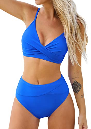 CUPSHE Women's Twist Front High Waisted Bikini Set V Neck Padded Two Pieces Bathing Suits Swimsuits Royal Blue S