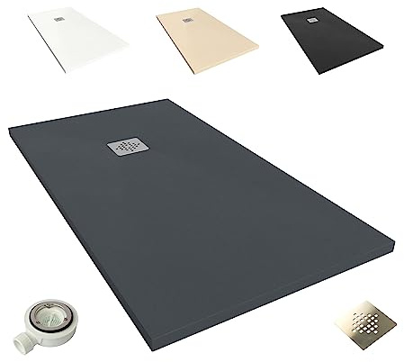 NEBADOON Plato de Ducha Resina Roma II Antideslizante 80x180 Antracita | Antibacteriano, textura pizarra, válvula 60 l/min incluida, corte a medida, fabricado en España, garantía 3 años