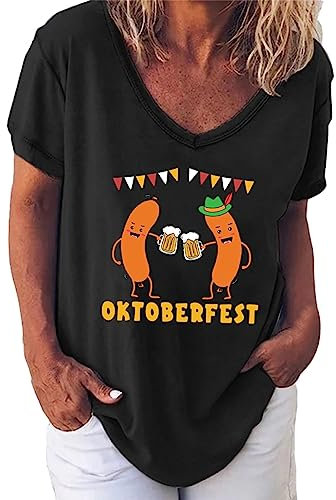 Bluse V Ausschnitt Damen Elegant Damen-T-Shirt mit Aufschrift „Beer Festival“, Bedruckt, V-Ausschnitt, kurzärmelig, modisches Trend-T-Shirt Ohrringe 5