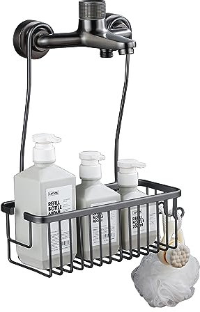 Kindrino Serviteur de Douche Suspendu en Aluminium - Étagère et Panier Sans Perçage à Accrocher au Mitigeur, Grey