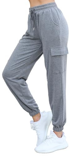 Bresdk Sporthose Damen Lang Cargo Hosen Frauen Sommerhosen Leicht Und Luftig Baumwolle Laufhose Sweathose Mit Taschen, M898 Grau, M