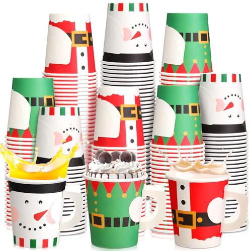 Maxcheck 75 Stück Weihnachtspappbecher, 200 ml, Einweg-Weihnachtsbecher mit Griffen, Elfe, Weihnachtsmann, Schneemann, Teetassen, Kaffeetassen, heiße Schokolade, Bar, Zubehör für Erwachsene, Urlaub,
