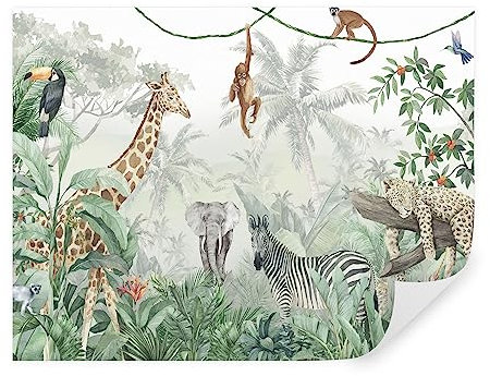 TAPEKO Papel Pintado Infantil 360x250 cm Estilo selva tropical con Jirafa Cebra Elefante Leopardo Fotomurales para Niños y Niñas Prémium Interior Papel Pintado Pared u74709