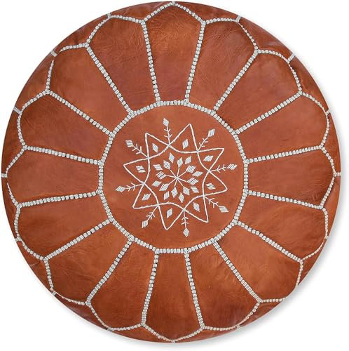 ALMADIH Leder Pouf marokkanische Sitzkissen - Gefüllt geliefert - Cognac Braun, 100% Handarbeit orientalische Bodenkissen Sitzsack Fußhocker Lederkissen robust Echtleder Hellbraun (Pouf Cognac Naht)
