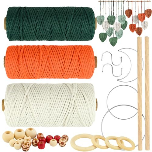 DIY Macrame Kit, Wooden Beads Cotton String Set, Macrame Accessories Kit with Morandi Cotton Rope, Wooden Sticks, Beads, Hoops, Hooks, DIY Home Wall Hanging Decor, Dream Catcher, Plant Hanger Material