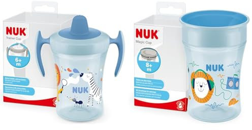NUK Trainer Cup bicchiere antigoccia | Beccuccio morbido e a prova di perdite | 6+ mesi | Senza BPA | 230ml | zebra blu & Magic Cup Bicchiere Antigoccia | Bordo Anti-rovesciamento A 360° | 8+ Mesi