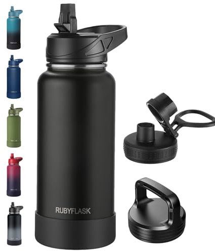RUBYFLASK 32oz Insulated Water Bottle with Straw, 946.3ml Stainless Steel Vacuum Flask, Leakproof 3 Lids for Travel, Camping, Gym Sports Black