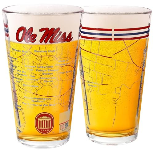 Greenline Goods University of Mississippi Biergläser, 2 Stück, farbiges Ole Miss Logo und Campus-Karte, Geschenkidee für College-Absolventen und Alumni, College-Glaswaren