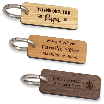 STREIFHOLZ Schlüsselanhänger aus Holz personalisiert mit verschiedenen Motiven zur Auswahl, Eiche Nussbaum und Kirschbaum mit Schlüsselring