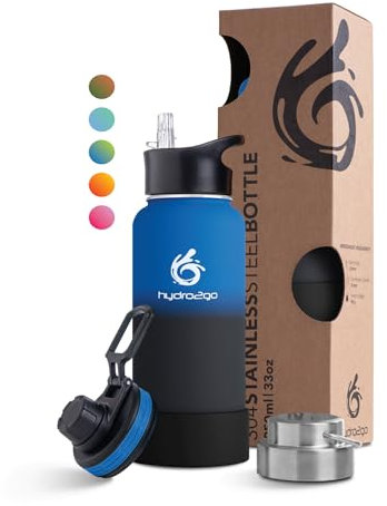 hydro2go Stainless Steel Water Bottle – BPA-Free Bottle for Kids, School, Sports & Outdoor – Keeps Drinks Hot for up to 12H and Cold for up to 24H – Includes 3 Drinking Caps – 950 ml (Space)