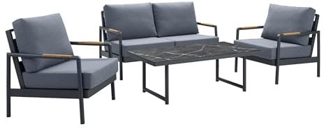 Dehner Gartenlounge Brooklyn, 4-teilige Sitzgruppe mit 2-Sitzer-Sofa / 2 Sessel / 1 Tisch, inkl. Polster, Aluminium/Polyester/Teakholz, anthrazit/grau/braun