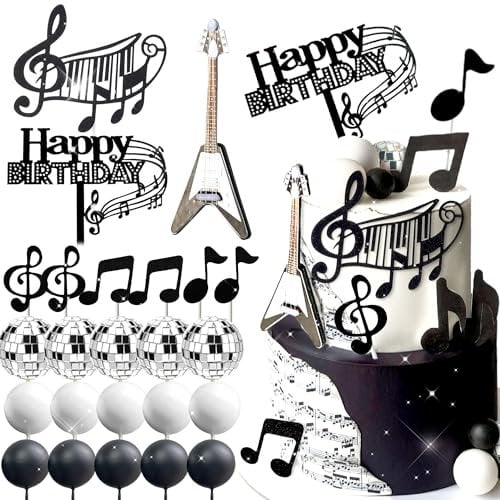 JeVenis Disco Ball Music Cake Topper Guitar Cake Toppers Music Notes Balls Cake Decorations for Musician Birthday Party Rock Theme Party