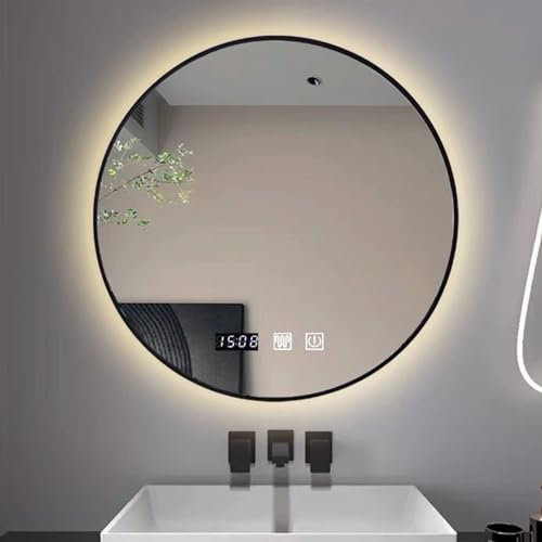 40cm Unregelmäßiger LED-Badezimmerspiegel, Runder Beleuchteter Waschbeckenspiegel Mit Hintergrundbeleuchtung, Anti-Beschlag Großer Runder Kosmetikspiegel, Warm/neutral/kaltweißes Licht ( Color : Black