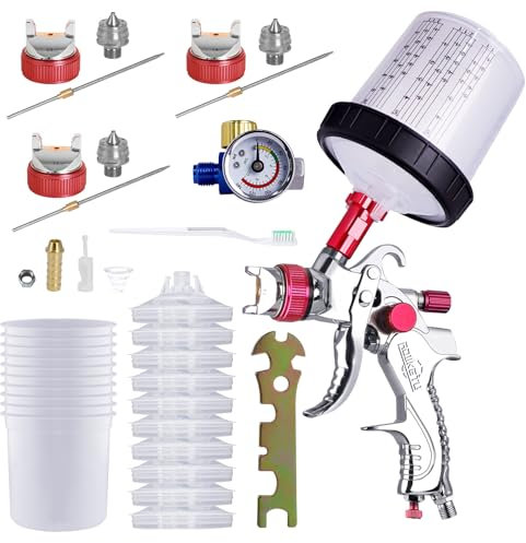 CypherCore Automotive Paint Sprayer Gun Kit with 10pcs 600cc Mixing Cups and Lids, HVLP Spray Gun with 1.4/1.7/2mm Nozzles & Air Regulator, Red, Brass, Handheld