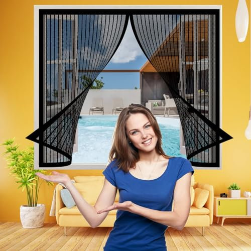 Fliegennetz Fenster Magnet 140 x 94 cm, Insektenschutz mit Starkem Klettband, Total Magnetisch, Automatik-Verschluss für Alle Fenster, Schwarz