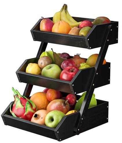CALM COZY Obstkorb Bambus 3 Etagen, Gemüsekorb Obst Etagere, Aufbewahrung Halter für Obst, Kuchen, Süßigkeiten, Schwarz
