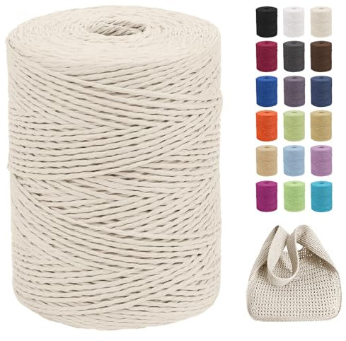 CAMAL Raffia Garn zum Häkeln Von Taschen, 2mm x 300m Geflochten Raffia Papierdraht Weich Raffia Strickgarn Bast zum Stricken Tasche, Strandmütze, DIY Handarbeiten (Milch Weiß)