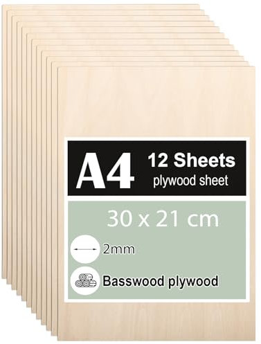12 Piezas Madera Contrachapada 2mm, Tablero Contrachapado de Tilo A4 30 x 21cm, Tablero Madera Para Carpintería de Bricolaje, Procesamiento Láser, Fabricación de Modelos, Regalos, Decoraciones