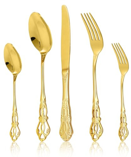 MINICOCO Cutlery Set 30 Pieces Golden Flatware Set for 6 People Mirror Polished Stainless Steel Cutlery Set,Anti-Tarnish Kitchen Utensils for Home/Party/Wedding