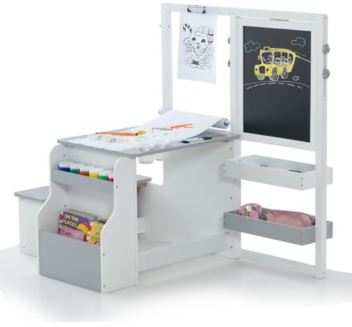 COSTWAY Kids Art Table and Chair, Children Activity Table with Double-Sided Easel, Paper Roll, Storage Trays, Bookshelf, Toddler Educational Toys Gift for 3 + Years Old (Grey+White)