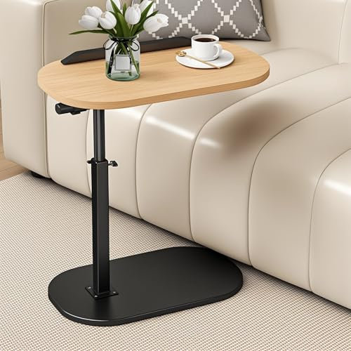 cadciehe Table d'appoint C - Hauteur réglable - Plateau TV pivotant à 360 degrés - Table de nuit avec étagère de rangement à 2 niveaux - Table réversible - Couleur bois