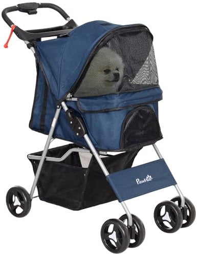 PawHut Faltbarer Hundewagen Haustierwagen Kleiner Hundewagen mit verstellbarem Verdeck Aufbewahrungskorb 2 Universalrädern und Stahlrahmen 75x46x94 cm Dunkelblau