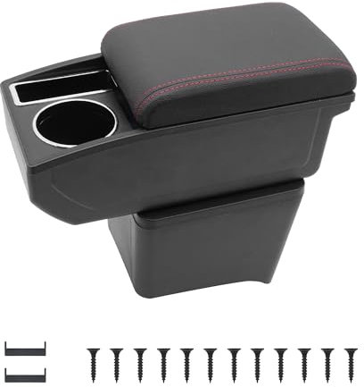 KAERGK Auto Armlehnen für VW Polo Vento 2002-2009 Mittelkonsolen für Kfz Doppelter Stauraum mit Getränkehalter Einfache Montage Bequemes und strapazierfähiges Leder Schwarz (Rote Linie)