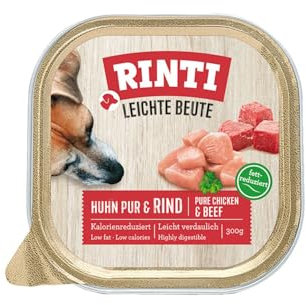 RINTI - Leichte Beute | Kalorienreduziertes Nassfutter mit fettarmem, magerem Fleisch für empfindliche, ausgewachsene Hunde. Alleinfutter in praktischen Schälchen | 9x300g Huhn Pur + Rind