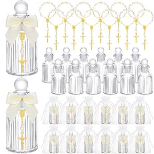 Chuangdi 24 Piezas 12 Juego Botellas de Agua Bendita para Bautizo, Favores para Huéspedes, Envase de Agua Bendita con Cruz, Rosario, Bolsa de Organza con Lazo, 50ml, Envase de Vidrio, Vacío, para