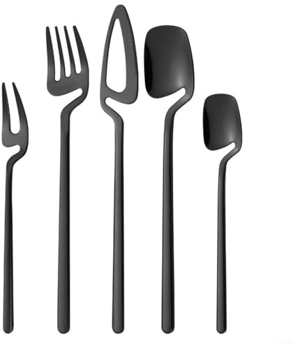 Sleek - Set di posate in acciaio inox, con cucchiaio e forchetta, design facile da pulire, 5 pezzi, colore: nero