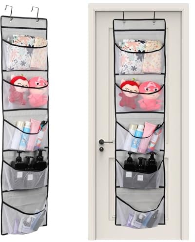Organizador puerta con 5 bolsos de malla - Organizador taquilla colgante para almacenamiento en puerta, ideal para juguetes, adecuado para dormitorio, gris
