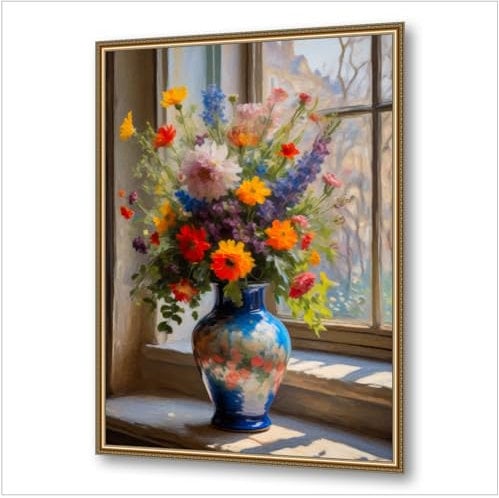 GALERIE SCHÖNE KÜNSTE - Wandbild Wanddeko Blumen Vase #5 - Stillleben Blumenstrauß Fenster - Ölbild Kunstdruck, Goldrahmen gedruckt - Leinwand auf Keilrahmen - Wohnzimmer Schlafzimmer modern 100x70 cm