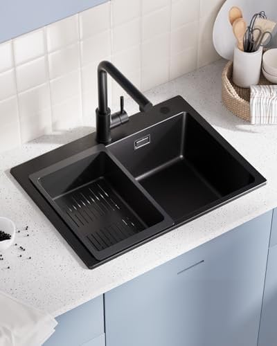 Sofetiy Fregadero de granito negro, 60 x 45 cm, color negro, fregadero de cocina grande de granito, moderno fregadero rectangular con 2 agujeros para grifo, fregadero de cocina, 1 lavabo