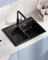Sofetiy Fregadero de granito negro, 60 x 45 cm, color negro, fregadero de cocina grande de granito, moderno fregadero rectangular con 2 agujeros para grifo, fregadero de cocina, 1 lavabo