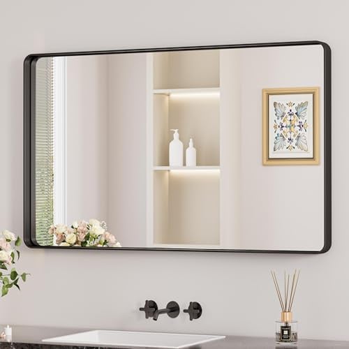 Keonjinn Wand Spiegel Schwarz 100x60cm, Badezimmerspiegel Badspiegel mit Metallrahmen, Gehärtetes Glas Rechteckiger Spiegel Flur für Badezimmer, Wohnzimmer, Schlafzimmer, Wanddekoration