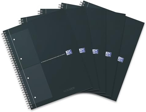 Oxford International Notebook A4, liniert, Collegeblock mit Hardcover, 160 gelochte Seiten, schwarz, 5 Stück