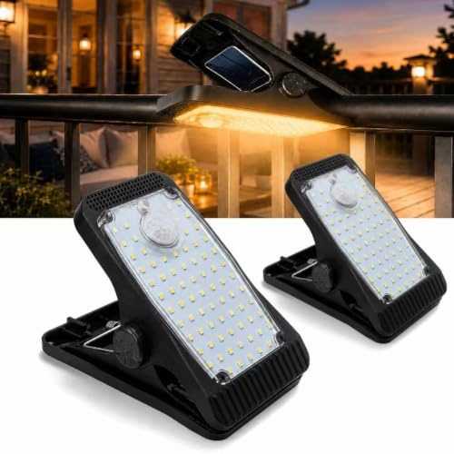 Hqynss Solar-Klemmleuchte Außen mit Bewegungsmelder,73 LED 1000LM Solar Sicherheitsleuchte, 3 Modi, 1500mAh Akku, IP65 Wasserdicht, 2 Montagearten für Zaun, Garten, Garage und Terrasse (2 stück)
