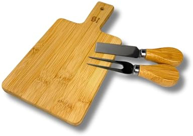 MOPEMU Tabla de Cortar mini de Bambú con Cuchillo y Trinche – Tabla de Quesos y Aperitivos 22,4x12 cm – Compacta para Espacios Pequeños, Picnic y Camper – 1-2 Personas