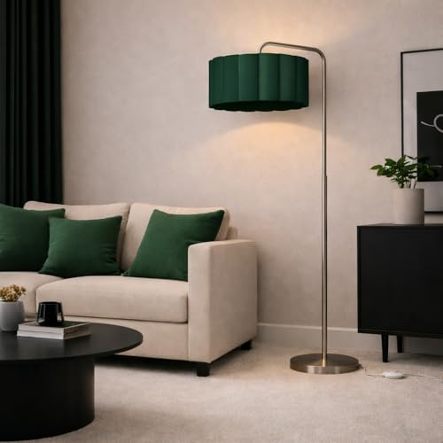 CGC Lighting Indoor Floor Lamp Brushed Satin Nickel Angled Corner Standing Reading Light and Lampshade Living Room Lounge (Green Lampshade)