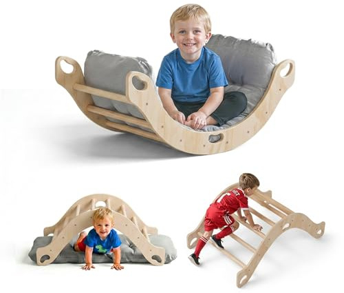 COSYLAND Kletterbogen mit Kissen, Holzwippe aus Holz, Krabbeltunnel, Indoor | 4-in-1 zum Klettern, Wippen, Krabbeln und Ausruhen, großes Kissen mit abnehmbarem Bezug, 80 × 46 × 30 cm, für 1–6 Jahre